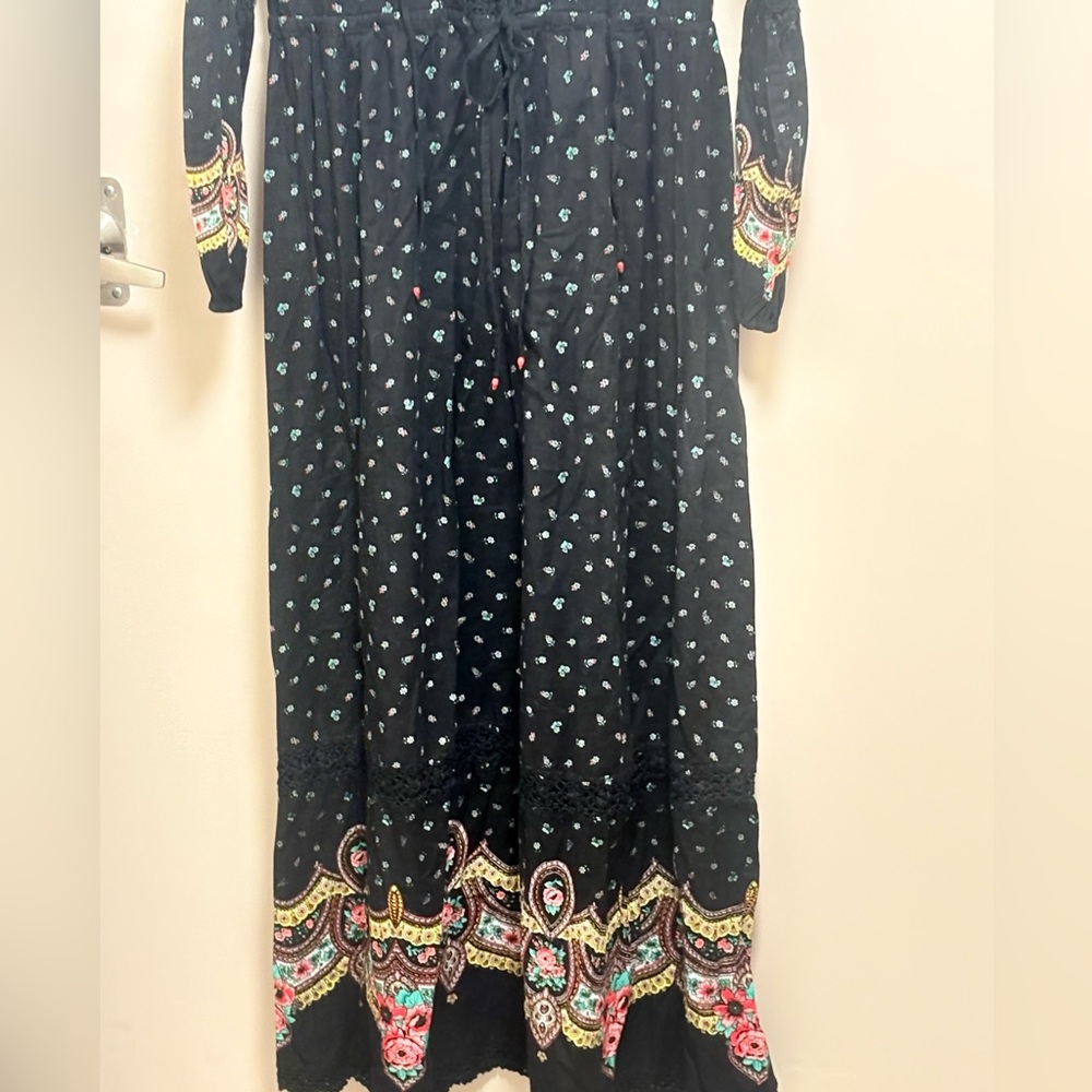 Chasing Unicorns Bohemian Black Floral Long Sleeve Dress size Large - Picture 8 of 13